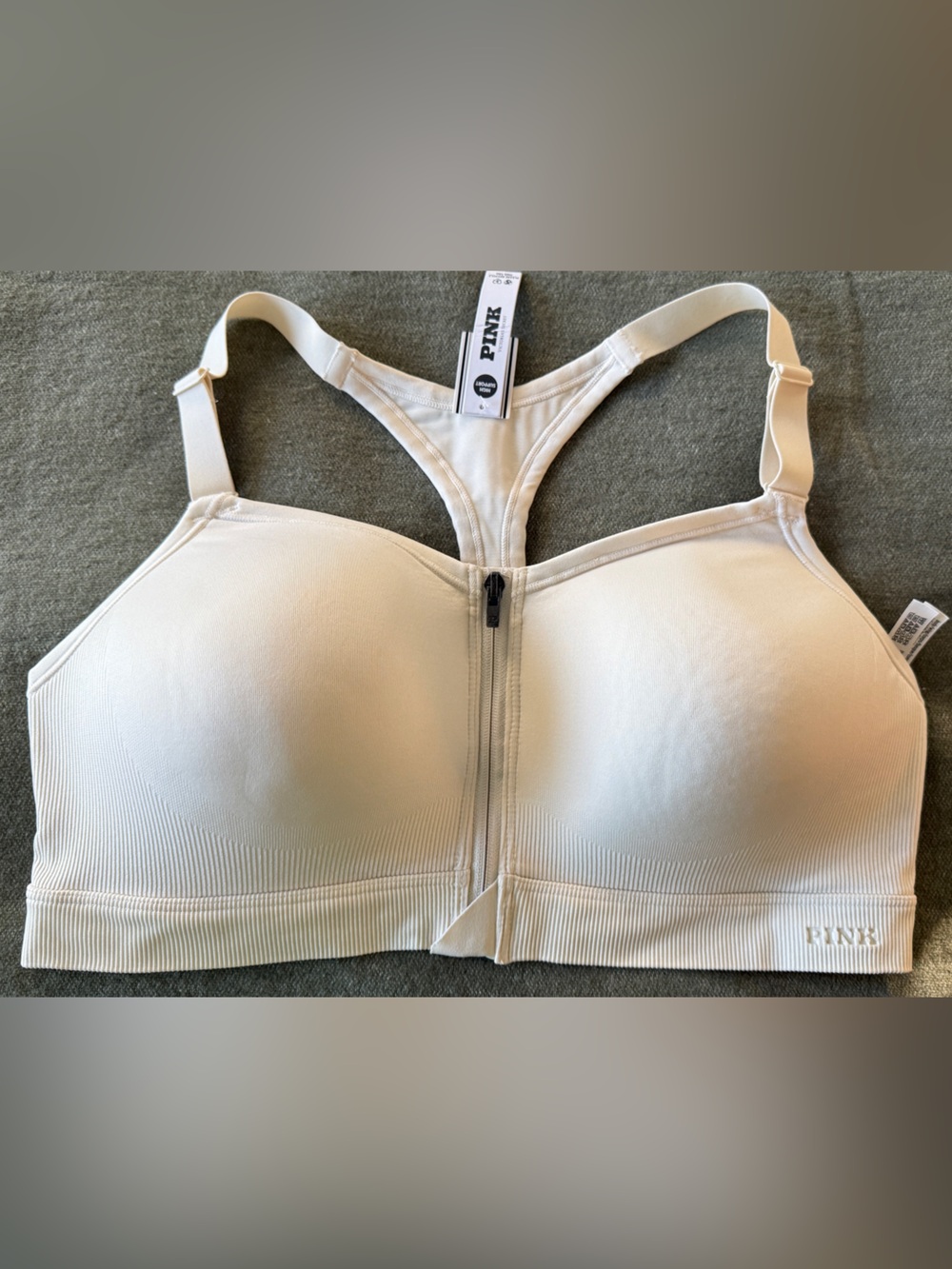 PINK Victoria's Secret Front-Zip Seamless Sports Bra in Light Cream